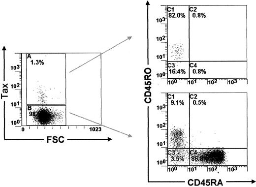 Fig. 5. CD45RA and CD45RO expression in PBMCs isolated from HTLV-I–infected patients. / Dot plots showing CD45RA/CD45RO expression in Tax+ and in Tax− PBMCs (HT).