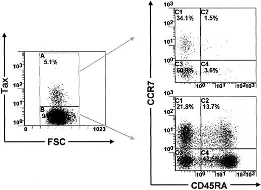 Fig. 6. CD45RA and CCR7 expression in PBMCs isolated from HTLV-I–infected subjects. / Dot plots showing CD45RA/CCR7 expression in Tax+ and in Tax− PBMCs (TAT).