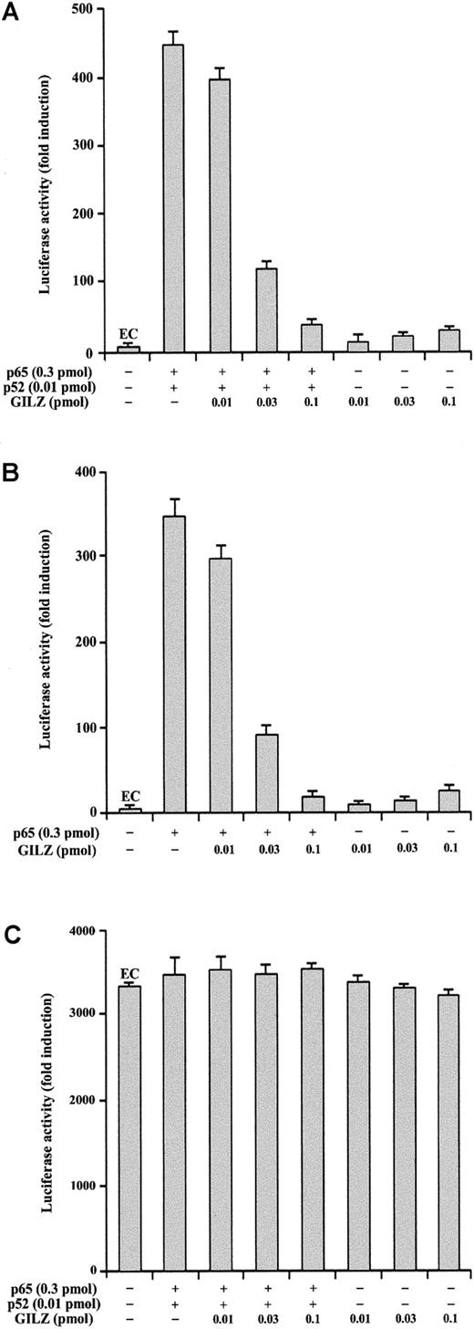 Fig. 3. GILZ inhibits p65/p52-dependent transactivation of a pGL3–IL-2 reporter vector. / Analysis of transcriptional activity was performed on 293 cells transiently transfected with a luciferase reporter gene (pGL3–IL-2) containing an IL-2 promoter region. The indicated amounts of PMT2T-GILZ, PMT2T-p65, and PMT2T-p52, alone or in combination, were cotransfected with 15 μg of the IL-2–driven luciferase plasmid (A-B) or control vector pRc/RSV-luc (C). The values are expressed as fold increases of luciferase activity. Each transfection was performed in triplicate, and SD bars are shown. EC indicates endogenous control.