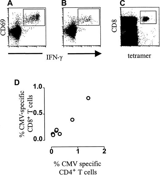 Fig. 1. CMV-specific T-cell frequencies in healthy individuals. / (A) Dot plot of anti–IFN-γ–FITC fluorescence (x-axis, arbitrary units, log scale) versus CD69-PE fluorescence (y-axis, arbitrary units, log scale) of lymphocytes gated on positive CD4-APC fluorescence after incubation with CMV antigen. (B) Dot plot of anti–IFN-γ–FITC fluorescence (x-axis, arbitrary units, log scale) versus CD69-PE fluorescence (y-axis, arbitrary units, log scale) of lymphocytes gated on bright positive CD8-APC fluorescence after incubation with the HLA-A2–binding CMV-pp65 peptide NLVPMVATV. (C) NLVPMVATV-HLA-A2.1/tetramer-APC fluorescence (“tetramer,” x-axis, arbitrary units, log scale) versus CD8-PerCP fluorescence (y-axis, arbitrary units, log scale) of lymphocytes gated on forward scatter and side scatter parameters. (D) Correlation of the frequency of IFN-γ–producing CMV-specific CD4+ T cells (x-axis, percentage of CD4+ T cells) and IFN-γ–producing HLA-*0201 restricted CMVpp65(NLVPMVATV)-specific CD8+ T cells (y-axis, percentage of CD8+ T cells) in HLA-A2+CMV-seropositive healthy individuals (n = 7). IFN-γ–producing CMV-specific CD4+ T-cell frequencies correlate with IFN-γ–producing CMV-specific CD8+ T cells (r = 0.7928, P = .0480).
