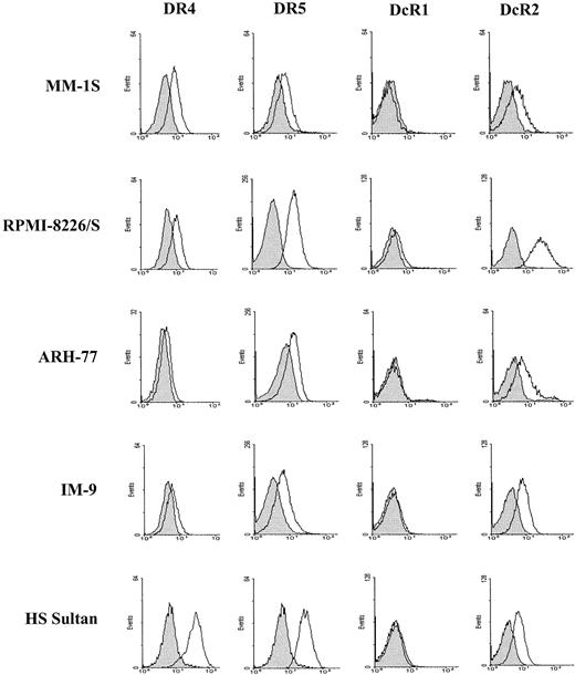 Fig. 7. Flow cytometric analysis for TRAIL receptor expression in MM cell lines. / Flow cytometric analyses for surface TRAIL receptors' expression in 5 representative cell lines (the TRAIL-sensitive MM-1S and RPMI-8226/S cells and the TRAIL-resistant ARH-7, IM-9, and HS Sultan cells) indicates that the status of neither the TRAIL-signaling DR4 and DR5 nor the “decoy” DcR1 and DcR2 receptors can serve to predict the TRAIL sensitivity of MM cells. The depicted graphs were obtained after staining with antihuman DR4, DR5, DcR1, and DcR2 mAbs (Genentech) and confirmed by use of the other anti-TRAIL receptor antibodies described in “Materials and methods.” Shaded curves depict isotype control staining, and unshaded peaks correspond to staining with the respective TRAIL receptor antibodies.