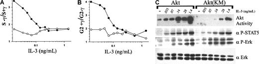 Fig. 6. DNA damage–induced growth arrest of IL-3–treated cells is correlated with a lack of IL-3 induced Akt activity. / (A, B) 32D-Akt (○) or 32D-Akt(KM) (●) cells were cultured over a range of IL-3 concentrations. Percentage of S-phase cells in γ-IR–treated cultures versus nonirradiated cultures was determined, and the fold reduction in S phase was calculated (S−γ/S+γ) (A). Alternatively, the percentage of G2/M cells in the γ-IR–treated versus the nonirradiated cultures was determined, and the fold increase in G2/M was calculated (G2+γ /G2−γ) (B). (C) 32D-Akt or 32D-Akt(KM) cells were left unstimulated (−) or were stimulated with the indicated concentration of IL-3 for 8 minutes. Akt catalytic activity was assayed from cell lysates in an in vitro kinase assay (see “Materials and methods”). Alternatively, whole cell lysates were Western blotted with anti–phospho-Stat-5 (α P-STAT5) or anti–phospho-Erk (α P-Erk) antibodies. As a control for loading, lysates were probed with anti-Erk2 (α Erk) antiserum.