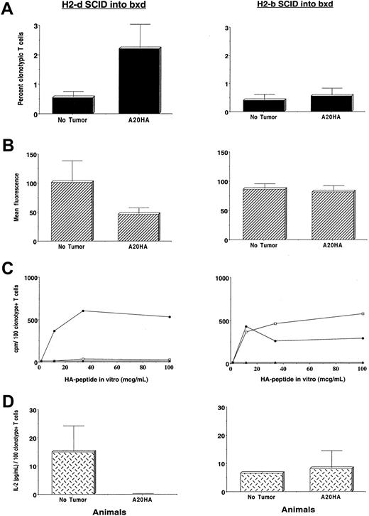 Fig. 6. Induction of tumor antigen–specific CD4+ T-cell tolerance requires presentation by BM-derived APCs. / Three months after BM reconstitution, H-2dSCID→H-2dxb (left panel) or H-2bSCID→H-2dxb chimeras (right panel) received 1 × 106 anti-HA CD4+ TCR transgenic T cells IV. One day later, half the animals in each set of chimeras were challenged with 1 × 106 A20HA tumor cells given IV. On day +22 after tumor challenge, all the animals were killed and T cells were purified from their spleens as described. (A) Purified splenic T cells were analyzed by 2-color flow cytometry staining for CD4 versus anti-HA TCR clonotype as in Figure 4. Values represent mean ± SE of percentage of T cells expressing the clonotypic TCR for 3 mice per group. (B) T cells from tumor-free or tumor-bearing chimeras were stained with cychrome-labeled anti–mouse CD4, biotinylated anti–TCR clonotype MoAb 6.5 followed by PE-labeled streptavidin and FITC-conjugated anti–mouse CD62 as in Figure 5. Mean fluorescence intensity ± SE is shown (2 mice per group). (C) In vitro proliferative response of clonotype-positive T cells to stimulation with HA110-120 peptide. Purified T cells (4 × 104/well) from tumor-free (no tumor, ●), tumor-bearing chimeras (A20HA, ■), or from F1 naive mice (no T-cell transfer, ▴) were mixed with fresh splenocytes (8 × 104/well) from F1 mice to which different concentrations of HA peptide were added. 3H incorporation was assayed after 3 days of incubation, and is shown as counts per minute (cpm) from which values for medium alone were subtracted. Values represent the mean of the cpm/100 clonotype-positive T cells per well from 2 to 3 mice in each group. (D) Purified T cells (4 × 104 /well) from the mice in panel C were mixed with fresh splenocytes (8 × 104/ well) from naive F1 mice to which HA peptide (100 μg/mL) was added. Forty-eight hours later, supernantants were collected and assayed for IL-2 by ELISA. Data represent mean ± SE of the cpm/100 clonotype-positive T cells per well from 2 mice in each group.