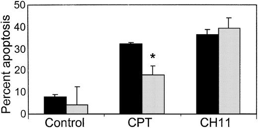 Fig. 5. Nfv inhibits CPT- but not CH11-mediated apoptosis in type-I cells. / H9 cells were treated overnight with MeOH (▪) or 7 μM Nfv (░) and stimulated with 10 μM CPT or 0.5 μg/mL CH11, and apoptosis was assessed using annexin-V and propidium iodide. Nfv treatment significantly inhibited CPT-induced (P = .03) but not CH11-induced apoptosis (n = 3).