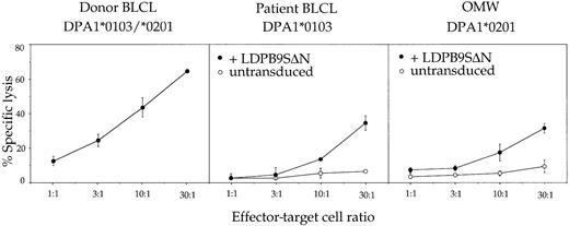 Fig. 2. Functional characterization of patient PBMCs after a single round of in vitro stimulation with irradiated donor PBMCs (TCL+1). / T cells were tested at various effector-target ratios in a standard 4-hour chromium release assay using donor BLCLs, patient BLCLs, or the allogeneic BLCL OMW as targets. The latter 2 BLCLs were used untransduced (○) or transduced (●) with retroviral vector LDPβ9SΔN encoding HLA-DPβ1*0901. For complete HLA typing of BLCLs, see Table 1. Values are means of duplicates, with error bars indicating SDs.