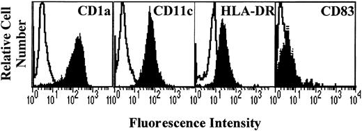 Fig. 1. Phenotype of monocyte-derived DCs. / Monocytes from allergic patients or from healthy donors were cultured in the presence of GM-CSF and IL-4 for 7 days. The cells were then collected and analyzed by flow cytometry for CD1a, CD11c, HLA-DR, and CD83 expression (filled histograms). Open histograms represent the reactivity of fluorochrome-matched isotype control mAbs.