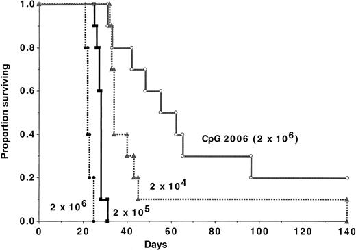Fig. 3. CpG 2006 ODN administration reduces AML tumorigenicity by more than 100-fold. / B6 mice (n = 10 per group) were challenged with various C1498 doses, as indicated. A cohort of mice was treated with CpG 2006 ODN, beginning on day −2. Mice receiving CpG 2006 survived significantly (P ≤ .03) longer than all groups, including those that received 100-fold fewer C1498 cells (2 × 104cells/mouse).