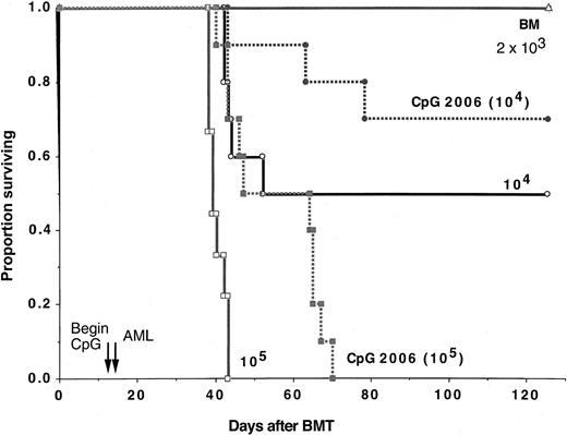 Fig. 6. CpG 2006 treatment prolongs the survival of syngenic BMT recipients challenged with AML cells early (day 17) after BMT. / Lethally irradiated B6 recipients were reconstituted with B6 bone marrow cells (n = 9-10 per group). Cohorts of mice, as indicated, received CpG 2006 ODNs beginning on day 12 and continuing through day 45 after BMT. C1498 cells were infused at the indicated cell doses on day 14 after BMT. A separate cohort received no C1498 cells (termed BM). CpG 2006-treated recipients of C1498 cells (105/mouse) survived longer than controls (P = .0025), whereas those that received C1498 cells (104/mouse) had a similar survival rate as compared with controls (70% versus 50%;P = .13). The decrease in tumorigenicity induced by CpG 2006 was less than 10-fold because CpG 2006-treated recipients of C1498 cells at 105 had a poorer survival than control recipients of 104 cells (P = .046). In addition, CpG 2006-treated recipients of C1498 cells at 104 had a poorer survival than control recipients of 2 × 103 cells (P = .04).