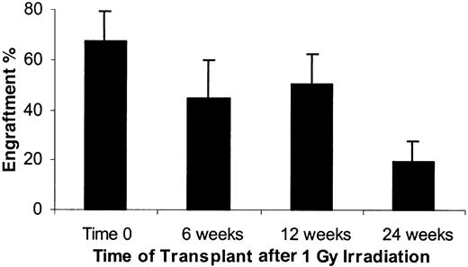 Fig. 4. Percent male phenotype at varying times after 1 Gy WBI. / A total of 40 × 106 male BALB/c marrow cells were transfused into female BALB/c mice immediately (time 0) or 6, 12, or 24 weeks after host exposure to 1 Gy WBI. Percentage male DNA in female marrow is presented as determined by FISH (see “Materials and methods”). There were 5 mice per experiment, except for 1 experiment at 12 weeks, which had 2 mice. There were 5, 4, 3, and 1 experiments at time 0, 6, 12, and 24 weeks, respectively. Nonirradiated mice showed an average of 7.7% engraftment with 40 × 106 cells (58 mice). Data are expressed as a mean ± 1 SD.