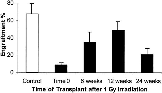 Fig. 7. Engrafting marrow stem cells at varying times after 1 Gy WBI. / Male BALB/c mice were exposed to 1 Gy WBI and marrow was harvested immediately (time 0) or 6, 12, or 24 weeks later. This marrow was then assayed for engraftment potential in 1 Gy–irradiated female hosts 8 weeks after cell infusion. Data are expressed as a percentage of male cells as determined by FISH. There were 4 to 5 mice per experiment and 5, 4, 2, and 1 experiments at 0, 6, 12, and 24 weeks, respectively. Nonirradiated marrow (40 × 106 cells) infused into 1 Gy–treated hosts gave a mean of 68% ± 8% (5 experiments, 25 mice). Data are expressed as a mean ± 1 SD.