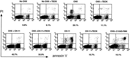 Fig. 5. Effect of the CCR9/TECK or CXCR4/SDF-1 interaction on CHX-induced apoptosis as well as on Fas-mediated apoptosis. / MOLT4 cells were serum starved overnight and treated with CHX (5 μM) or CH-11 (500 ng/mL), alone or in combination, in the presence or absence of TECK (1 μg/mL), for 6 hours. As a control, Z-VAD-FMK, a caspase inhibitor, was used for blocking apoptosis. Apoptotic cells were measured by annexin-V staining by means of flow cytometry. The percentage listed under each flow analysis is the percentage of apoptotic cells, as seen in the lower right-hand quadrant. Shown are representative data from 3 different experiments.
