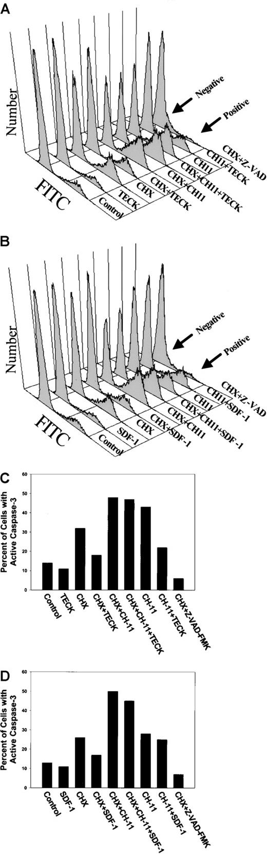 Fig. 8. TECK and SDF-1 suppress CHX- and CH-11–induced caspase-3 activation. / Cells were treated as described in Figure 5. They were then permeabilized and fixed as indicated in “Materials and methods” and subsequently stained for intracellular activated (cleaved) caspase 3. Activated caspase-3–specific fluorescence intensity was measured by flow cytometry. The percentage of cells with activated caspase 3 was quantitated from relative-frequency histograms (panels A and B) and is shown in panels C and D. Panels A and B are representative of 2 separate experiments, whereas panels C and D are an average of the 2 separate experiments.