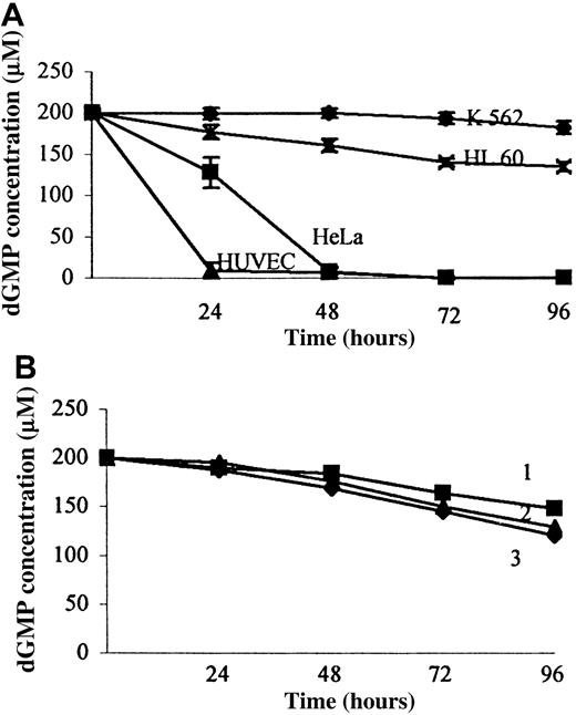 Fig. 1. Time course of extracellular dGMP degradation catalyzed by enzymes. / Extracellular dGMP degradation was catalyzed by cell membrane-bound enzymes (A) or serum enzymes (B). The cells were incubated in RPMI 1640 medium supplemented with 10% or 20% FBS and containing 200 μM dGMP. Subsamples of extracellular medium to be used for HPLC analysis were taken at incubation times of 0, 24, 48, 72, and 96 hours and assayed for dGMP and deoxyguanosine. The concentrations were estimated from the peak areas obtained after HPLC. Data points in panel A represent means ± SDs from at least 3 experiments. (B) 2 indicates time course of dGMP degradation in RPMI medium supplemented with 20% heat-inactivated FBS. 1 and 3 indicate dGMP degradation in the medium taken from HeLa and HUVEC cultures, respectively, after their 72-hour incubation.