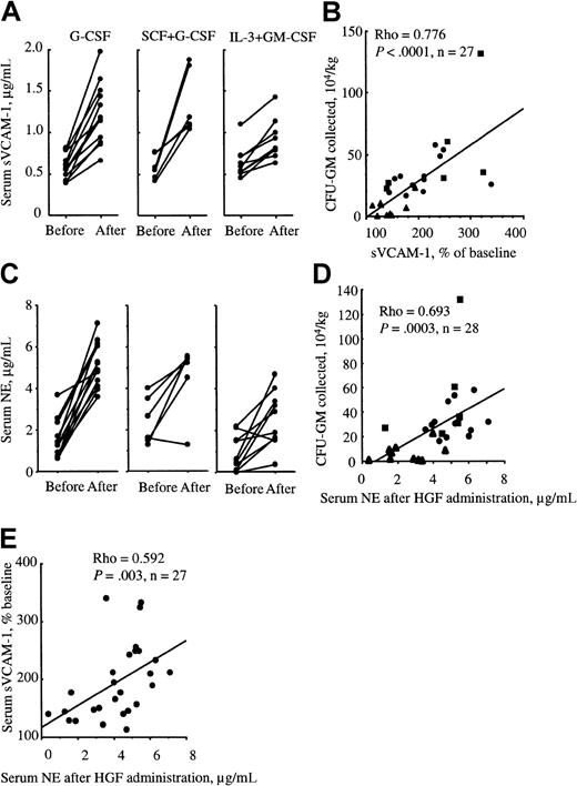 Fig. 7. The concentration of sVCAM-1 and NE is enhanced in the serum of mobilized patients. / (A) sVCAM-1 concentration in the serum of patients mobilized with either rhuG-CSF alone (●), rhuG-CSF in combination with rhuSCF (▪), or rhuIL-3 in combination with rhuGM-CSF (▴) taken just prior to the commencement of HGF administration and on blood collection day. Each pair of dots represents a different patient. (B) These results are expressed versus the number of mobilized CFUs collected by apheresis on collection day. (C) NE concentration in the serum of patients mobilized with either rhuG-CSF alone, rhuG-CSF in combination with rhuSCF, or rhuIL-3 in combination with rhuGM-CSF taken just before the start of HGF administration and on blood collection day. NE concentrations on collection day are plotted versus the number of CFUs collected in PB (D) or versus the increase of sVCAM-1 plasma concentration (E). Correlations and significances were determined with the nonparametric Spearman correlation statistic.