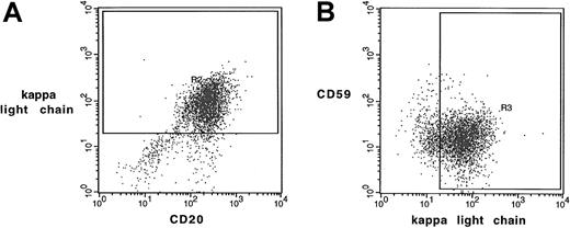 Fig. 1. Two-color flow cytometry analysis of follicular lymphoma cells. / Scatterplots by 2-color staining with (A) anti-CD20–FITC and anti–κ light chain–PE or with (B) anti–κ light chain–FITC and anti-CD59–PE from a typical tumor sample were shown. Mean channel fluorescence of CD20 and CD59 (similar in CD46 and CD55) were determined in κ light chain- (or λ light chain- in other cases) positive cells as gated in panels A and B.