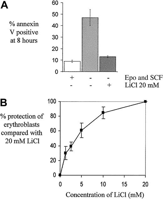 Fig. 4. The effect of LiCl on growth factor–deprived human erythroblasts. / (A) Cells on day 5 to 7 of culture were washed and returned to medium either with or without growth factors (Epo 2 U/mL and SCF 20 ng/mL) or, in the case of cells without growth factors, either with or without LiCl 20 mM (n = 5). The mean percentage ± SEM of apoptotic cells at 8 hours, as determined by annexin V binding, is indicated. (B) Cells deprived of growth factors were treated with various concentrations of LiCl as indicated. The percentage protection against apoptosis (± SEM) at 8 hours compared with that obtained with 20 mM LiCl is indicated (n = 4).