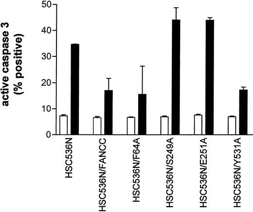 Fig. 10. Alanine mutants S249A and E251A sensitize hematopoietic cells to IFN-γ and TNF-α cytotoxicity. / HSC536N lymphoblasts expressing normal FANCC or mutatedFANCC were incubated with IFN-γ (10 ng/mL) for 15 hours before treatment with 10 ng/mL TNF-α for 48 hours and harvested for flow cytometric analysis (▪, treated; □, untreated). Treatments of HSC/VEC and HSC/FANCC with Camptothecin were used as positive controls, 50 mM for 9 hours) and induced positivity of 65.1% and 22.5%, respectively. Total events of 10 000 for each sample were analyzed.