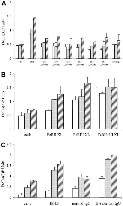Fig. 7. p85 PI3K activity in neutrophils stimulated with fMLP or ANCA IgG or by conventional FcγR ligation using either cross-linking antibodies or aggregated IgG. / p85 PI3K activation measured by in vitro kinase assays in anti-p85α immunoprecipitates from aliquots of 4 × 106 neutrophils primed with 2 ng/mL TNF-α and stimulated with either (A) 1 μM fMLP, 250 μg/mL MPO-ANCA, PR3-ANCA, or normal IgG or (B) 1 μg/mL IV.3 (FcRII XL), 1 μg/mL 3G8 (FcRIII XL), or 1 μg/mL both anti-FcγR monoclonal antibodies (FcRII+III XL) followed by 10 μg/mL GAM F(ab′)2 cross-linking antibody or (C) primed, unstimulated cells or cells stimulated with either 1 μM fMLP, 250 μg/mL normal IgG, or 250 μg/mL heat-aggregated IgG for 30 seconds (■), 1 minute (░), and 15 minutes (▨). All experiments were repeated 3 times using neutrophils from different donors, 3 different MPO-ANCA and PR3-ANCA IgG preparations, and 2 different normal IgG samples (native and heat-aggregated) and duplicates of all samples. Results show mean ± SEM of data pooled from all 3 experiments.