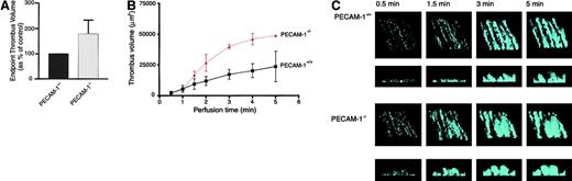 Fig. 8. PECAM-1–deficient platelets form larger thrombi on a collagen matrix under physiological flow conditions. / Whole blood obtained from PECAM-1+/+ control mice or PECAM-1–deficient (PECAM-1−/−) mice were labeled with a fluorescent probe, DiOC6 (1 μM) for 10 minutes and perfused through collagen-coated (2.5 mg/mL) microcapillary tubes at a wall shear rate of 1800 seconds−1. (A) Thrombi were imaged after 5 minutes of blood flow by confocal microscopy (×100; 1-μm sections), and thrombus volume was determined by quantifying the surface area of each section using the image analysis software package ImageTool (University of Texas Health and Science Center at San Antonio) multiplied by the z height. These results are expressed as a percentage of PECAM-1+/+ controls (mean ± SEM;P < .05; n = 15). (B, C) Thrombi were imaged at 0.5-, 1.0-, 1.5-, 2.0-, 3.0-, 4.0-, and 5.0-minute time points of blood perfusion by confocal microscopy (×100; 1-μm sections), and thrombus volume was analyzed (B). Results presented in panel B show calculated thrombus volume versus perfusion time for PECAM-1+/+(■) (solid line) and PECAM-1−/− (▴) (dashed line) platelets represented as the mean ± SEM from an experiment performed using the blood of 4 individual mice. (C) Representative thrombi were reconstructed in 3-D using Voxblast image analysis software package (Vaytek). The upper panel represents an oblique view of the thrombi, illustrating thrombi surface coverage, and the lower panel represents a cross-section of the thrombi, illustrating thrombi height. All confocal images were taken from planes equidistant from the microcapillary inlet.