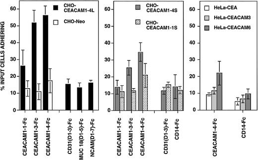 Fig. 2. CHO-CEACAM1-4L transfectants adhere preferentially to immobilized recombinant human CEACAM1-3-Fc and CEACAM1-4-Fc domain deletion variants. / The 96-well Immulon 3 plates were coated with goat antihuman Fc prior to the addition of the CEACAM1-1-Fc, CEACAM1-3-Fc, and CEACAM1-4-Fc soluble proteins. CD31(D1-3)-Fc, MUC 18(D1-5)-Fc CD14-Fc, and NCAM(D1-7)-Fc were used as negative control constructs. CHO transfectants were labeled with the fluorescent tag, BCECF-am, and allowed to adhere to these soluble constructs for 60 minutes at 37°C. The total fluorescence of each well was then determined using the Cytofluor II fluorescence plate reader. The plates were then washed and the number of cells adhering determined by fluorescence estimations in the Cytofluor II as a percentage of the total cells added per well.