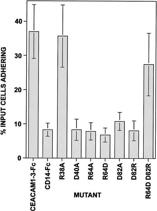 Fig. 7. Residues in the CC′ loop are directly involved in homophilic adhesion. / The adhesion assay is described in the legend to Figure 6. Six replicates were used for each construct and the experiments performed on 6 separate occasions. The results show the mean ± SD of 6 experiments.