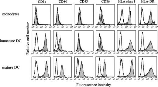 Fig. 1. Flow cytometric analysis of CML-derived monocytes, immature DCs, and mature DCs. / The cell surface expression levels of CD1a, CD80, CD83, CD86, HLA class I, and HLA-DR on monocytes, immature DCs, and mature DCs derived from patients with CML were measured by flow cytometry.