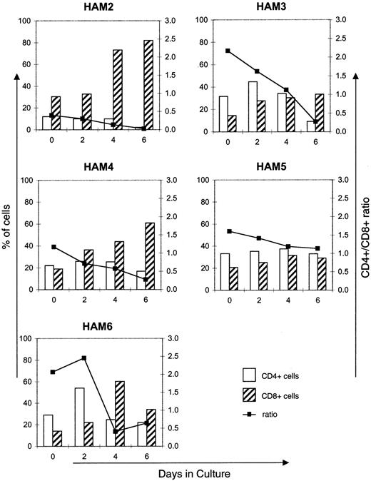Fig. 1. Alteration of CD4+ and CD8+populations in HAM/TSP in vitro. / CD4+ and CD8+ subsets from 5 patients with HAM/TSP are graphed as a percentage of gated cells (see text for details). Ratio of CD4+ cells to CD8+ cells decreased in all 5 patients over 6 days in culture.