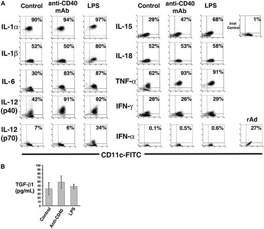 Fig. 7. Intracellular expression of cytokines in BM DCs terminally differentiated by LPS or CD40 ligation. / (A) Detection of intracellular cytokines by flow cytometry in CD11c+ immunobead-sorted CD86+ BM DCs (control) or terminally differentiated with LPS or anti-CD40 IgM mAb. DCs treated with irrelevant IgM exhibited a pattern similar to that of the control group (not shown). Expression of IFN-α was also investigated in CD86+ BM DCs infected with a rAd encoding no transgene (MOI = 100) used as positive control. DC were double labeled with FITC anti-CD11c and specific PE anticytokine mAbs. Figures inside quadrants indicate percentages of cells. (B) Detection of TGF-β1 by ELISA in 24-hour culture supernatants of FACS-sorted CD86+mature DC (2 × 106 cells/well) incubated with LPS, or anti-CD40 IgM mAb, or irrelevant IgM (control). Results are representative of 3 independent experiments.