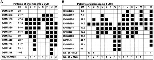 Fig. 3. Deletion mapping by LOH in informative leukemias that have heterozygous proximal and distal breakpoints. / (A) Chromosome 2 (AML) (B) Chromosome 4 (AML and L-ML). Polymorphic microsatellite markers used and their relative genetic positions (cM)20 are shown, as are the number (No.) of AMLs or L-MLs that exhibited a particular LOH pattern (A-O). Solid boxes show regions of LOH.