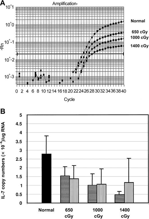 Fig. 4. Levels of IL-7 transcripts in the thymus after BMT. / (A) Real-time RT-PCR plots of amplification of IL-7 from the thymuses of representative mice obtained 5 days after 650 cGy, 1000 cGy, and 1400 cGy and from a normal unirradiated mouse. (B) Copies of IL-7 transcripts per thymus in mice 5 and 28 days after BMT, expressed as copy numbers per thymus after 650, 1000, or 1400 cGy (n = 5 for all groups; P < .05 for all irradiated groups on day 5 vs normal; P > .05 on day 28). ▪ indicates day 0; ▤, day 5; ▥, day 28.