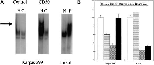 Fig. 2. Effects of CD30 activation on NF-κB activity. / (A) NF-κB activity determined by the gel-shift assays. Karpas 299 cell line was incubated with HeFi-1 or isotype-specific control IgG for 1 hour. NF-κB activity was determined by mobility shift observed in the gel electrophoresis of nuclear extracts. The left lanes in individual figures are loaded with radioactive labelled oligoprobes representing NF-κB binding sites and nuclear extracts (H). The right lanes are loaded with radioactive probes plus excess amounts of (× 200) unlabeled probes. These lanes represent the negative controls for the assays and characterize which bands are specific for NF-κB binding activity (C). In the Karpas 299 cell line, there was no NF-κB activity after control IgG incubation; CD30 activation caused activation of NF-κB. Jurkat cell line nuclear extracts were used as controls. N is the negative control, and P is the positive control. (B) Effects of the NF-κB inhibitor SN50 on systemic ALCL and Hodgkin lymphoma cell lines. Proliferation assays were performed in the presence of HeFi-1 and the NF-κB inhibitor SN50 on the Karpas 299 and KMH2 cell lines. SN50 alone caused inhibition of the KMH2 cell line, whereas it had no effect on the Karpas 299 cell line. Combined treatment with HeFi-1 and SN50 enhanced the inhibitory effects of HeFi-1 on the Karpas 299 cell line but had no significant additional effect on the KMH2 cell line. The results are presented as percentages of 3H-thymidine incorporation values compared to controls (IgG incubated). Each of 3 experiments was done in triplicate. A representative experiment is shown.