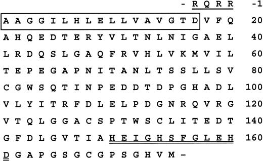 Fig. 4. Composite N-terminal sequence of vWF-cleaving protease. / The sequence is derived from sequential Edman degradation and translation from genomic (Genbank gi 12733516) and EST (3841323) sequences. Residues determined in part by Edman degradation are boxed. Residues 150 to 161, containing the extended active site sequence of metalloproteinases of the ADAMTS subfamily, are double-underlined. Residues −1 to −4, corresponding to a putative furin-processing site at the C terminus of the precursor form, is underlined.