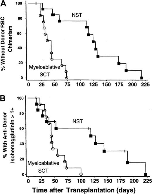Fig. 1. The onset of donor RBC chimerism and decline in antidonor isohemagglutinin levels after NST compared with myeloablative SCT. / The onset of donor RBC chimerism and decline of host antidonor isohemagglutinins to clinically insignificant levels were markedly delayed following major ABO-incompatible NST compared with myeloablative SCT. NST data are represented by solid squares; myeloablative SCT data, by open circles. (A) Kaplan-Meier plot of the percentage of patients without detectable donor RBC chimerism as a function of days after transplantation. The time until detection of donor RBC chimerism was significantly prolonged following NST versus myeloablative SCT; P < .0001. (B) Kaplan-Meier plot showing the percentage of patients with persistent host antidonor isohemagglutinins greater than 1+ in strength. Isohemagglutinins decreased significantly faster after myeloablative SCT than after NST;P = .012.