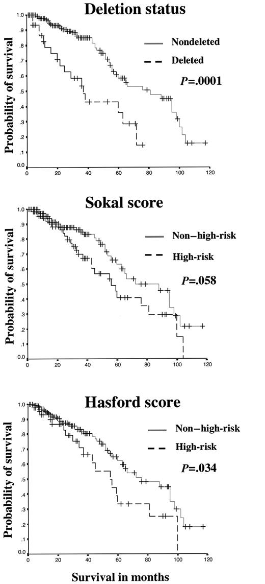 Fig. 2. Kaplan-Meier analysis showing prognostic significance of deletion status, Sokal score, and Hasford score. / Non–high-risk refers to the combined low- and intermediate-risk groups in the Sokal or Hasford scoring systems. Calculations were performed using data for 210 patients and the significance of survival differences assessed by log-rank analysis. Patients who underwent stem cell transplantation and patients who died of causes unrelated to CML were censored at the time of the procedure.