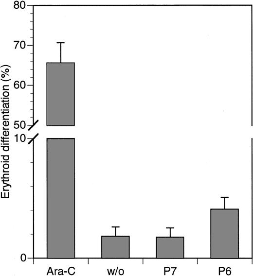 Fig. 4. Marginal effect of HAGBP (P6) on erythroid differentiation of K562 cells. / Cells were incubated with 5 μM of peptides indicated or Ara-C, a well-known inducer of erythroid differentiation in K562 cells, for 5 days with daily application of the peptides. Ara-C was added on days 1, 3, and 5. Hemoglobin-positive cells were detected by benzidine stain. Error bars indicate SEM (n = 6).