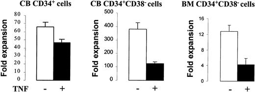 Fig. 2. Effect of TNF on in vitro cellular expansion of CD34+ and CD34+CD38− cells. / Cells were cultured in SF medium in KFT3 in the absence or presence of TNF (20 ng/mL). CD34+ CB cells (5 experiments) were cultured for 5 to 6 days, CD34+CD38− CB cells (3 experiments) for 8 days, and CD34+CD38− BM cells (4 experiments) for 5 days. Data represent the mean values of all experiments for different cell types. Error bars show the SEM.