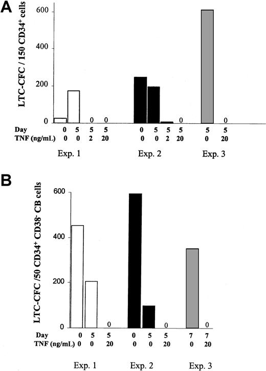 Fig. 6. TNF activation negatively regulates maintenance of cycling CB CD34+CD38− LTC-ICs. / The 150 freshly isolated CD34+ (A) or 25 to 75 CD34+CB38− CB cells (B), or their EEs following 5 to 7 days of culture in KFT3 in the absence or presence of TNF were evaluated for 6-week LTC-CFC activity, as described in “Materials and methods.” Data are presented as mean values of 2 to 3 replicates of each group for CD34+ CB cells (panel A; 3 experiments) and CD34+CD38− CB cells (panel B; 3 experiments).