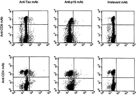Fig. 3. HTLV-I Tax and p19 expression in PBMC. / A representative set of histograms from HAM/TSP patient #2 is shown following 12-hour cultivation. Top histograms show HTLV-I Tax and p19 expression on CD8+ T cells, and bottom histograms show Tax and p19 expression on CD4+ T cells. Irrelevant mAb was used as an isotype-matched control.