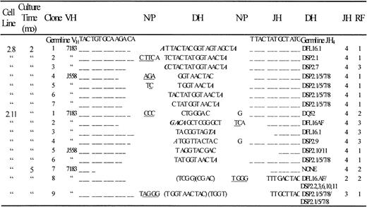 Fig. 3. Ig VHDJH rearrangements from long-term in vitro growing embryo cell lines. / VH7183-D-JH and VHJ558-D-JH rearrangements were amplified, cloned, and sequenced as described in “Materials and methods.” The VHDJH joint sequences of clones obtained from the progeny of 2 independent embryo-derived precursors are shown. The sequences are aligned under the germline sequences corresponding to the 3′ region of VH 7183 and J558 families and the 5′ region of germline JH4 (top line). Dashed lines denote identities. N nucleotides are underlined. Parentheses indicate probable D-D joints. Nucleotides in italics may be assigned to germline sequences of V, D, or J segments and are putative sites of homology-directed recombination. RF indicates reading frame.