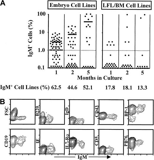 Fig. 4. Differentiation of embryo cell lines to CD19+IgM+ immature B cells in ST2/IL-7 cell cultures. / (A) Relative number of sIgM+ B cells in both embryo and LFL/BM cell lines after 1, 2, and 5 months of continuous ST2/IL-7 (3 ng/mL) cell cultures, as obtained by flow cytometry analyses. Each point corresponds to one independent cell line. The cell lines were considered IgM+ when containing 1% sIgM+ cells or more (horizontal dotted bar). The mean values of IgM+ B cells present in each of the IgM+ embryo cell lines are shown as thick horizontal lines. The average percentage of IgM+ cell lines found at each time point is shown in the bottom line. (B) Cell surface phenotype of IgM+ B cells from a representative embryo cell line cultured for 2 months. This particular cell line contained 12% B cells. The mAbs and protocols used for double stainings are described in “Materials and methods.” The forward side scatter (FSC) is displayed in a linear scale. The fluorescein isothiocyanate (FITC) and PE fluorescence intensity of the different mAbs are represented in a log10 scale.