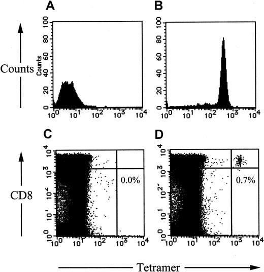 Fig. 8. HLA-A*2402–QYDPVAALF tetramers specifically bound to the relevant CD8+ T cells. / An HLA-A*2402–restricted EBV-specific CD8+ CTL clone (A), the HLA-A*2402–restricted QYDPVAALF-specific CD8+ CTL clone no. 1 (B), peripheral lymphocytes from a CMV-seronegative and HLA-A*2402+ donor (C), and those from the donor 5 in Figure 7 (D) were stained phycoerythrin-conjugated HLA-A*2402–QYDPVAALF tetrameric complex and an antibody to CD8 conjugated to Tricolor. The cells were analyzed by flow cytometry. The frequency of QYDPVAALF-specific CD8+ T cells in peripheral lymphocytes is shown as the percentage of the total CD8+ T cells (C,D).
