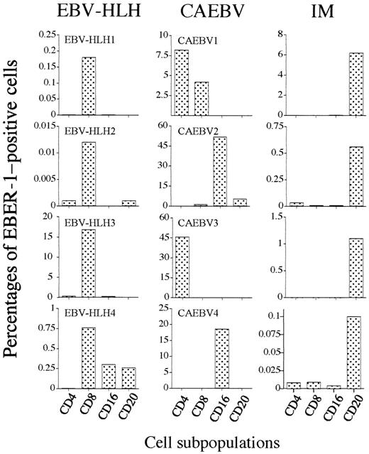 Fig. 3. Differential infection of EBV into lymphocyte subpopulations between EBV-related disorders. / PBMNCs from patients with EBV-HLH (left column), CAEBV (center column), or acute phase IM (right column) were separated into CD4+ T cells, CD8+ T cells, CD16+ NK cells, and CD20+ B cells the same as in Figure 2. Frequency of each lymphocyte subpopulation was estimated by EBER-1 ISH.