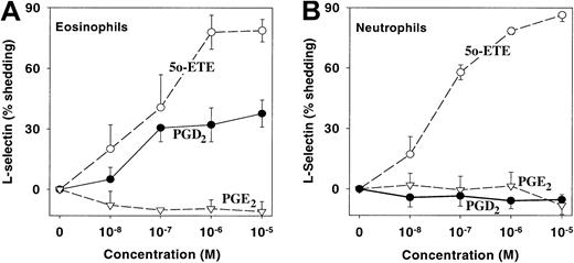 Fig. 4. Selective stimulation of L-selectin shedding on eosinophils by PGD2. / L-selectin expression was measured in eosinophils (A) and neutrophils (B) by a method analogous to that illustrated in Figure 2, except that FITC-labeled anti– L-selectin was used instead of FITC-labeled anti-CD11b. The results are expressed as the percentages of L-selectin that were shed following incubation with PGD2 (●), 5-oxo-ETE (○, 5o-ETE), and PGE2 (▿). The values obtained for unstimulated control cells were assumed to represent no shedding of L-selectin, whereas the values obtained following labeling with an FITC-labeled isotype control antibody were taken to be equivalent to complete shedding of L-selectin from the surface of the cell. All values are means ± SE of determinations on leukocytes from 4 individuals.