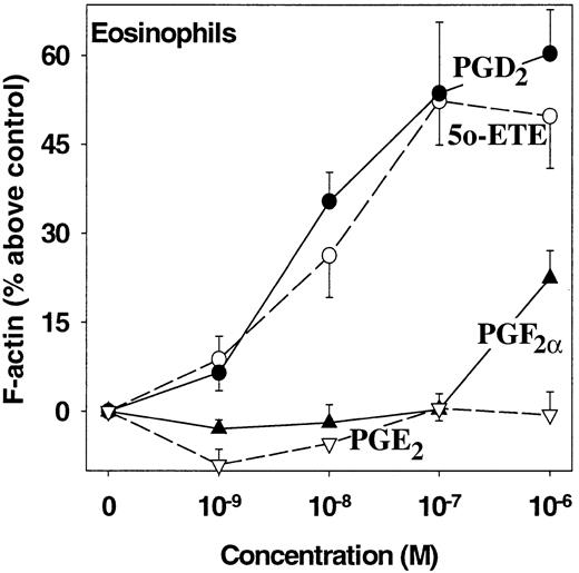 Fig. 5. PGD2 stimulation of actin polymerization in eosinophils. / Purified eosinophils were incubated for 20 seconds at 37°C with PGD2 (●; n = 5), 5-oxo-ETE (○, 5o-ETE; n = 5), PGF2α (▴; n = 4), and PGE2 (▿; n = 3). The cells were then permeabilized and stained with fluorescently labeled phallacidin. F-actin levels were measured by flow cytometry. The results are expressed as percentage increases (± SE) in F-actin content above basal levels.