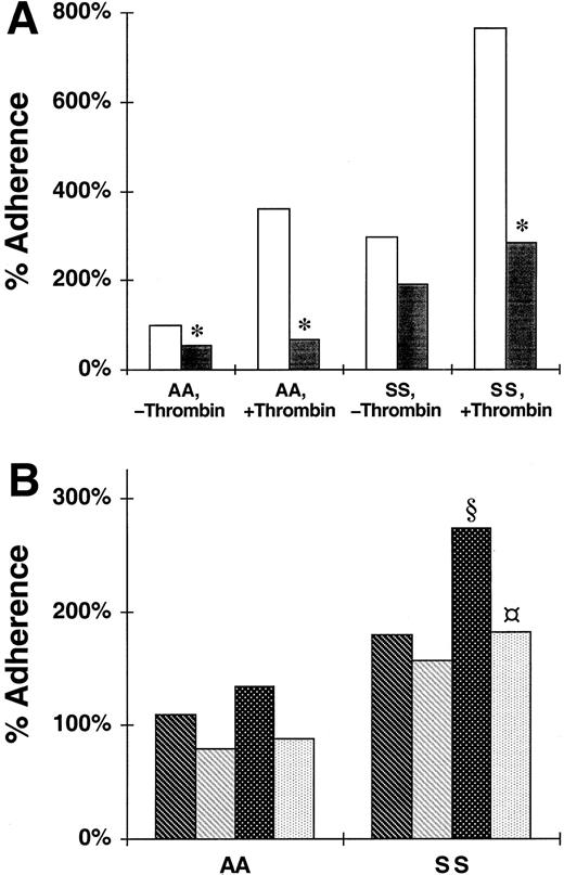 Fig. 4. Effect of sialidase treatment of nonsickle and sickle erythrocytes on their adherence to HUVECs treated with or without thrombin and to immobilized Siglec-6 or P-selectin. / The data shown are the adherence of RBCs that had or had not been treated with sialidase either to HUVECs, which had been treated with thrombin or medium alone, or to immobilized BSA, Ig-Ig chimera, or P-selectin–Ig chimera. The 100% adherence is the mean number of untreated nonsickle (AA) RBCs/field adherent to untreated HUVECs. SS, sickle erythrocytes. (A) The reduction of static erythrocyte adherence to untreated (■) or thrombin-treated HUVECs due to treatment of the RBCs with sialidase (▪). The data are mean percent adherence from 4 replicate experiments. Significant inhibition due to sialidase withP < .05 was denoted by *. (B) The reduction of nonstatic erythrocyte adherence to immobilized Siglec-6 or P-selectin due to treatment of the RBCs with sialidase., Siglec, untreated;, Siglec, sialidase;, P-seclectin, untreated;, P-selectin, sialidase. The data are mean percent adherence for 3 nonsickle and 5 sickle RBC samples. Significant adhesion (P < .05) is compared to adhesion to Siglec-6 (§) and significant inhibition of adhesion to P-selectin due to sialidase is denoted by .