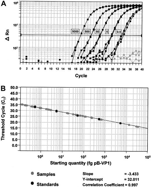 Fig. 1. Standard curves for quantification of BKV and ADV. / (A) Amplification plots of pB-VP1 for the construction of a standard curve. Amplification plot for reactions with known starting amounts of pB-VP1 (0.5-5000 fg plasmid DNA, denoted by boxes next to the corresponding curves). Gray curves denote no template control reactions. Cycle number is plotted against change in normalized reporter signal (ΔRn). For each reaction, the fluorescence signal of the reporter dye (FAM) is divided by the fluorescence signal of the passive reference dye (ROX), to obtain a ratio defined as the normalized reporter signal (Rn). (B) Plot of standard curve of starting pB-VP1 amount against CT. Black circles represent pB-VP1 standards as demonstrated in panel A. Gray circles represent patient samples. A standard curve is constructed for every assay.