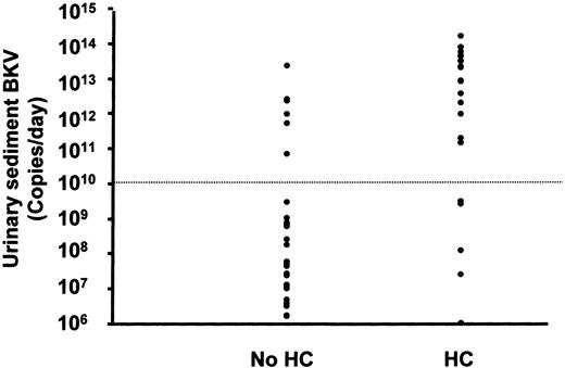 Fig. 2. Peak BKV excretion per day in patients with and without HC, showing a significant difference in viral excretion between the 2 groups. / An arbitrary cutoff at 1010 genome copies/d gives the best predictive value for the occurrence of HC. This also identifies all patients with HC grade 2 or higher.