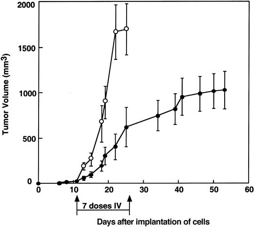Fig. 4. Systemic MV-Edm therapy by intravenous administration into mice bearing RPMI 8226 myeloma xenografts. / Intravenous administration of 7 doses of active MV-Edm (●) caused growth inhibition of RPMI 8226 myeloma xenografts, and 1 of 8 mice in the group showed complete regression. In the group treated with equivalent doses of UV-inactivated MV-Edm (○), all 8 mice were euthanized because of tumor burden 13 days after initial therapy. The difference in tumor growth in the 2 groups was significantly different (P = .002).