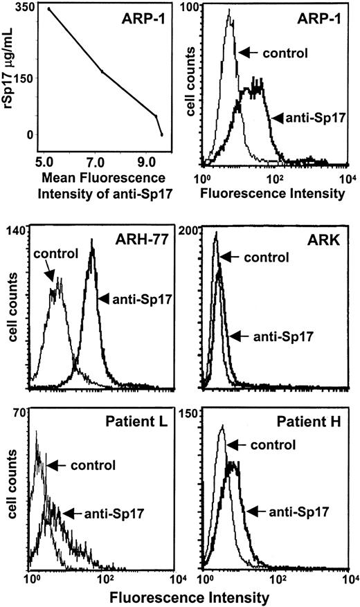 Fig. 2. Sp17 is expressed on the surface of B-lymphoid cell lines and primary tumor cells. / Sp17 is detected on the surface of ARP-1, ARH-77, and ARK cells by flow cytometry. The graph in the upper left panel demonstrates that the mean fluorescence intensity of staining with anti-Sp17 decreases in a dose-dependent manner as the concentration of rSp17 increases, thereby confirming antibody specificity. (Sp17 antiserum was incubated with 0, 47, 167, or 333 μg/mL rSp17 before it was used for immunostaining of ARP-1 cells as described in “Materials and methods.”) Data shown are representative of a minimum of 2 independent experiments. The lower panels show staining of freshly isolated tumor cells from the blood of a patient with plasma cell leukemia (patient L) and from a pleural effusion of a myeloma patient (patient H). Samples were dual stained with antiserum to Sp17 and antibody B-B4, a monoclonal antibody that recognizes the plasma cell marker CD138 (syndecan-1). The histograms shown are Sp17 staining of the CD138+tumor cells.