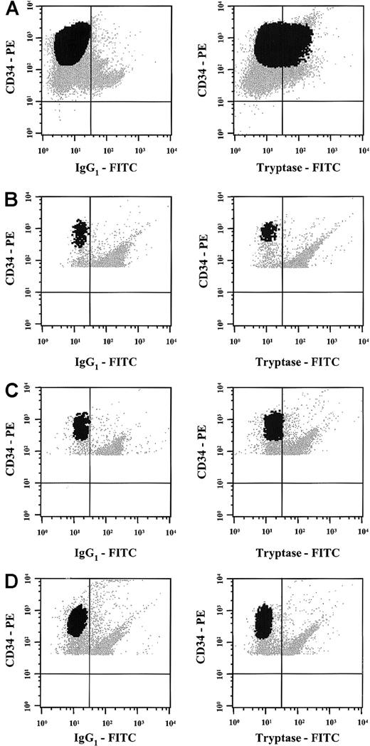 Fig. 4. Flow cytometric detection of tryptase in AML cells. / Multicolor flow cytometry staining was performed in one patient with tryptase+ AML (A), 2 normal donors (B,C), and one patient with AML in complete remission (D) using antibodies against tryptase, a PE-labeled CD34 mAb, and a PerCP-labeled CD45 mAb. Multicolor staining for cytoplasmic tryptase (versus isotype-matched control) and surface antigens (CD34, CD45) was performed as described in the text. As visible, the CD34+ blast cells in the patient with AML showed clear expression of cytoplasmic tryptase (A). In contrast, tryptase was consistently negative in CD34+ bm cells in normal donors (B,C) or in the patient with tryptase+ AML in complete remission (D) without evidence of tryptase-positive (residual) subsets of cells.